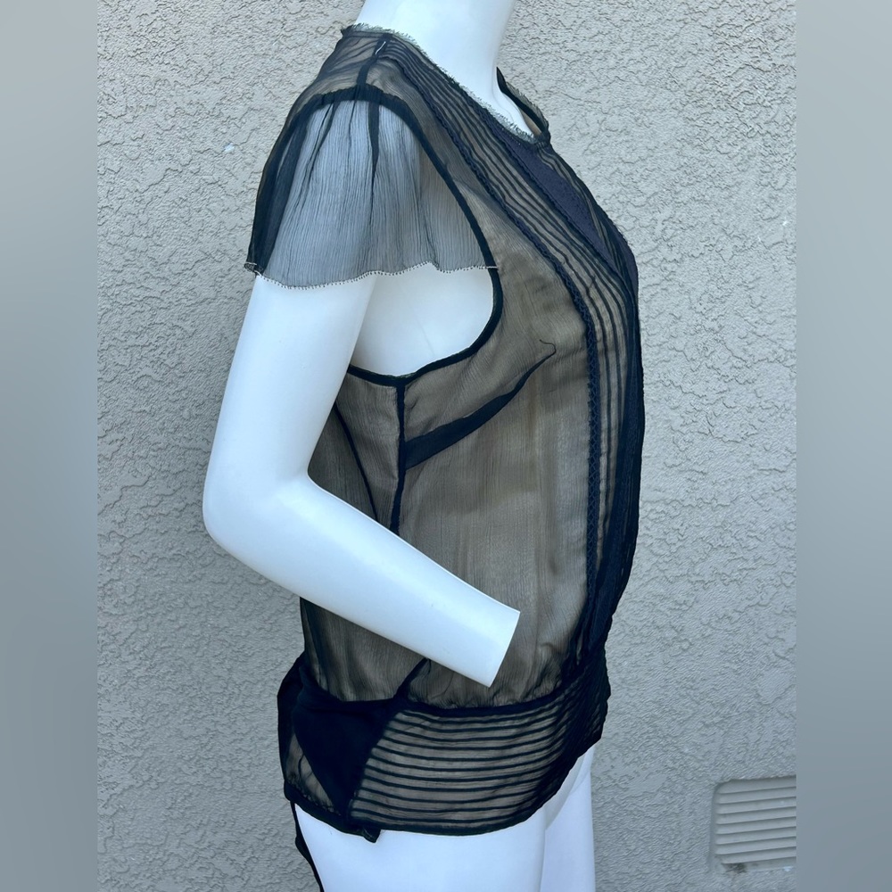 Saja Layered Silk Blouse Black Over Beige Buttons Up Back sz XL - Picture 3 of 9
